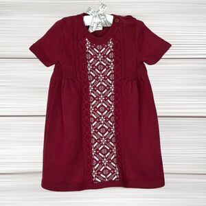 Hanna Andersson Short Sleeve Fair Isle Knit Sweater Burgundy Cotton Wool Dress 2